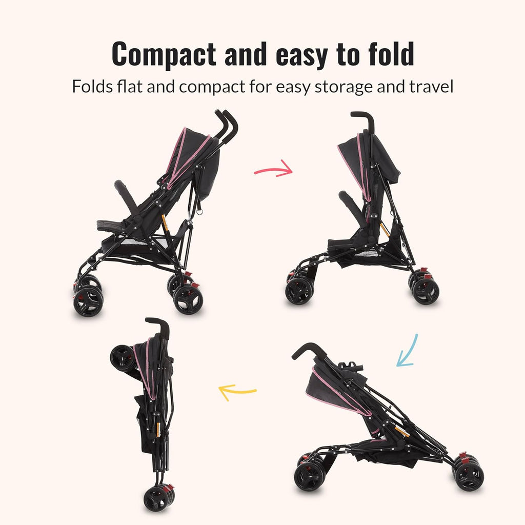 Dream On Me Vista Moonwalk Baby Stroller, Lightweight Travel Umbrella Stroller with Compact Fold, Smooth Ride Wheels, Multi-Position Recline, Spacious Storage Basket with Cup Holder, Pink