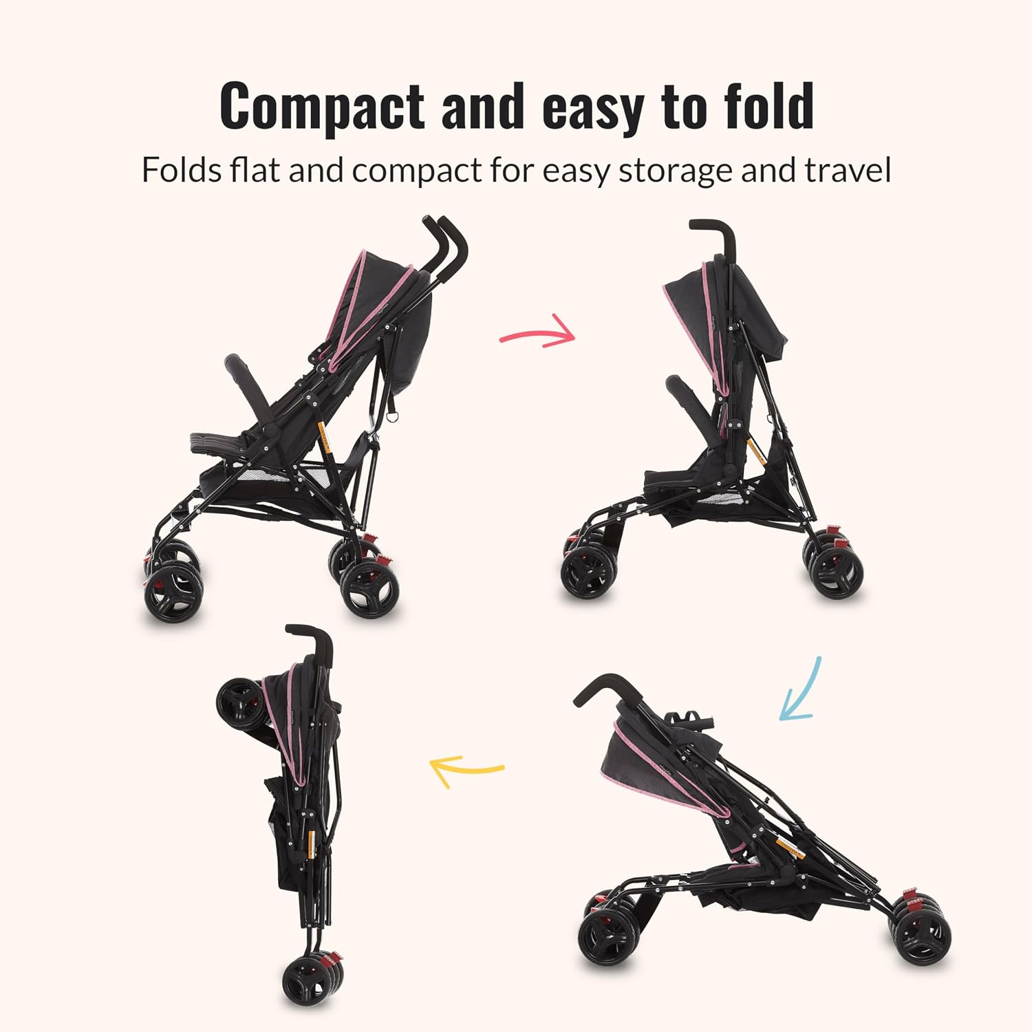 Dream On Me Vista Moonwalk Baby Stroller, Lightweight Travel Umbrella Stroller with Compact Fold, Smooth Ride Wheels, Multi-Position Recline, Spacious Storage Basket with Cup Holder, Pink