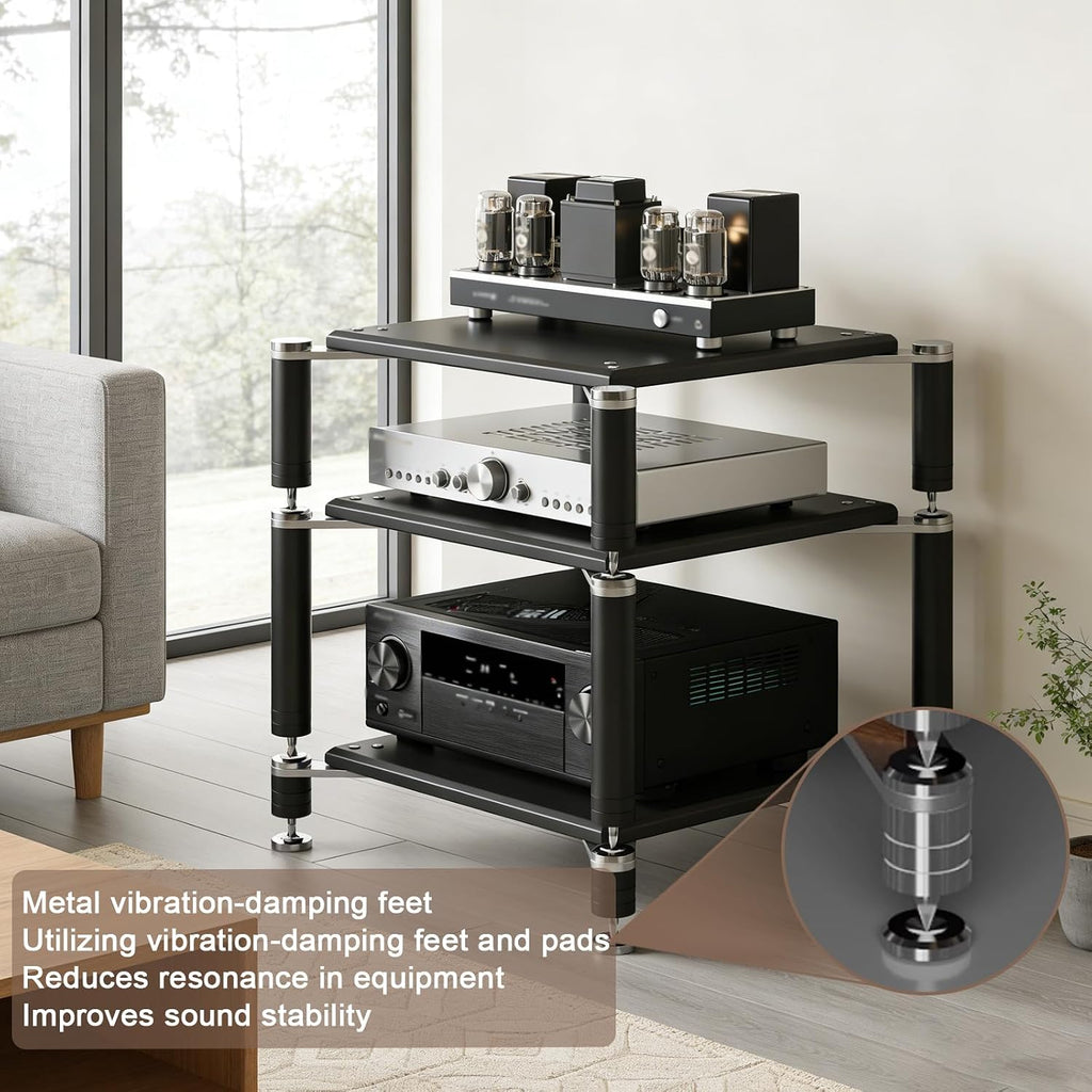 3-Tier AV Media Stand, Heavy Duty Audio Rack with Shock-Absorbing Foot pegs, Open Design av Stand, Multi-Layer Stereo Equipment Rack for Home, Office, Theater (Walnut, 3-Tiers)