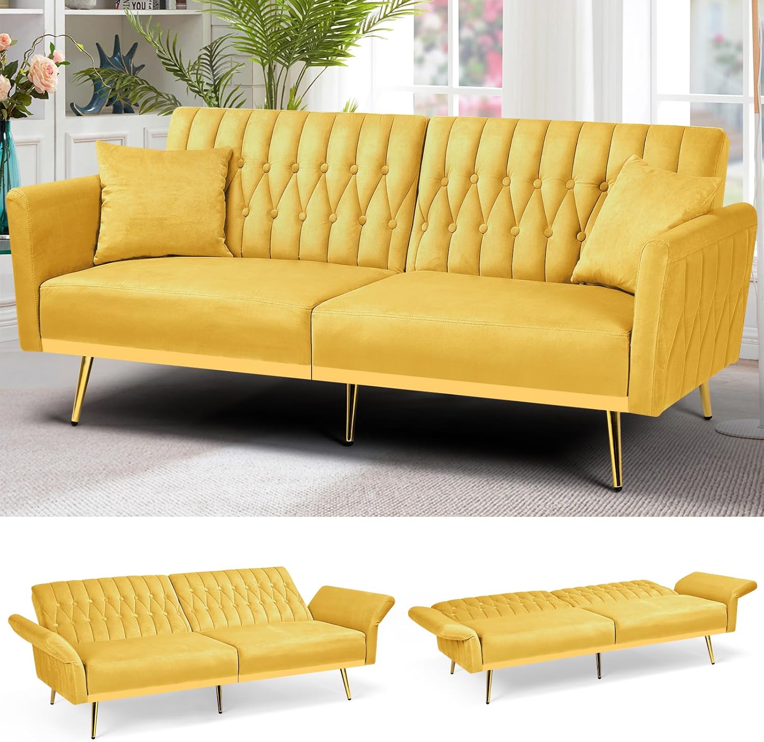 70' Velvet Futon Sofa Bed w/Adjustable Armrests & 2 Pillows, Convertible Futon Couch w/Adjustable Backrests, Modern Sleeper Bed for Living Room, Bedroom, Yellow