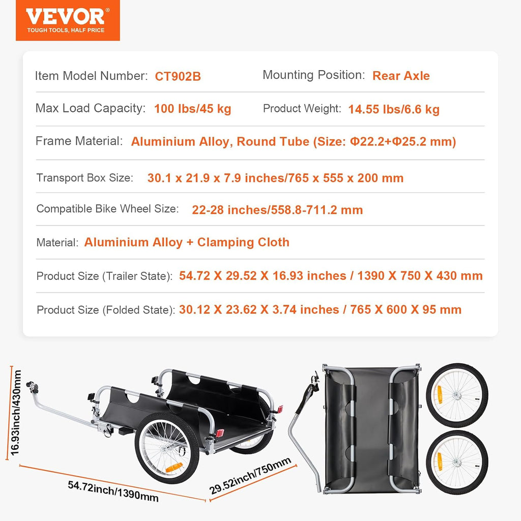 VEVOR Bike Cargo Trailer, 88/100/160 lbs Load Capacity, Heavy-Duty Bicycle Wagon Cart, Foldable Compact Storage with Universal Hitch