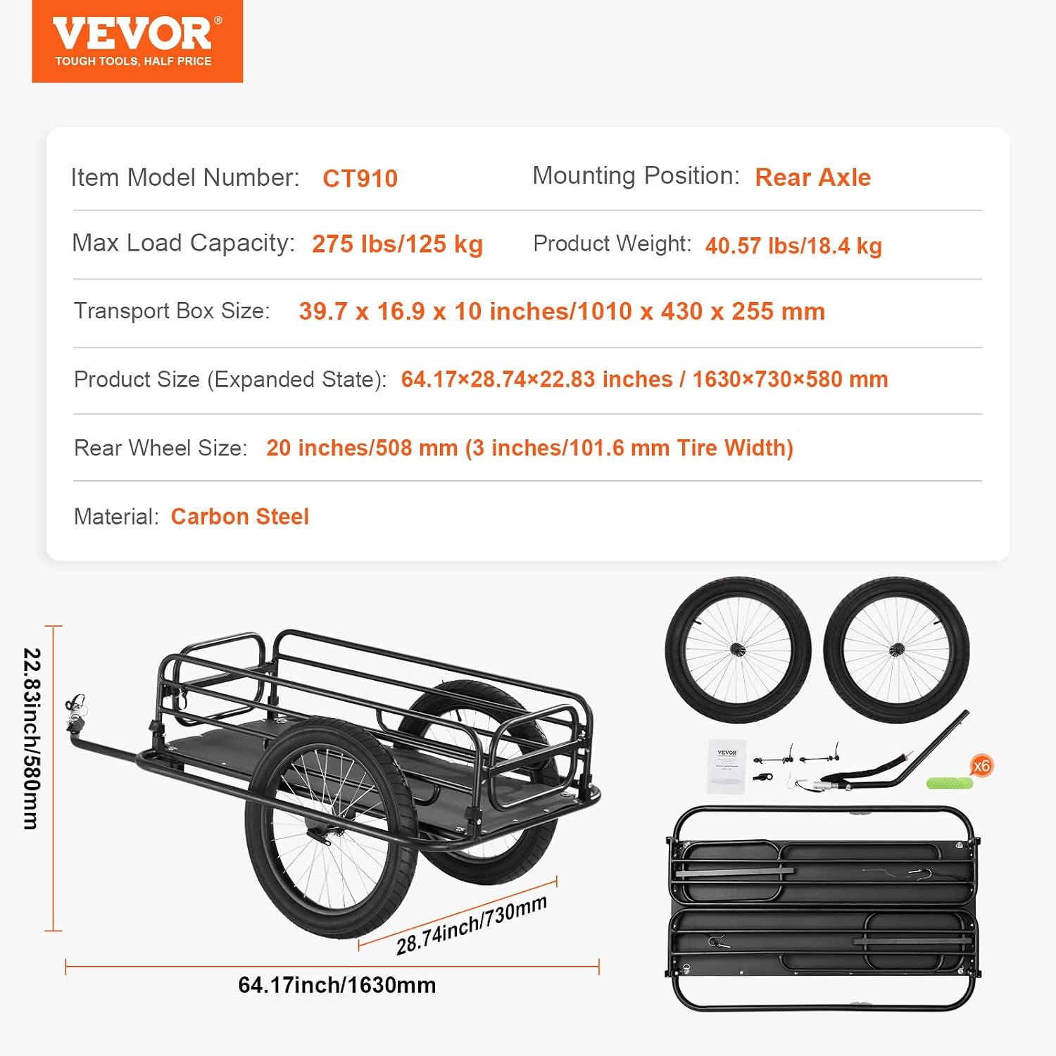 VEVOR Bike Cargo Trailer, 70/275 lbs Load Capacity, Foldable Compact Storage & Quick Release with Universal Hitch, 20' Wheels, Fits Most Bike Wheels, Carbon Steel Frame, Heavy-Duty Bicycle Wagon Cart