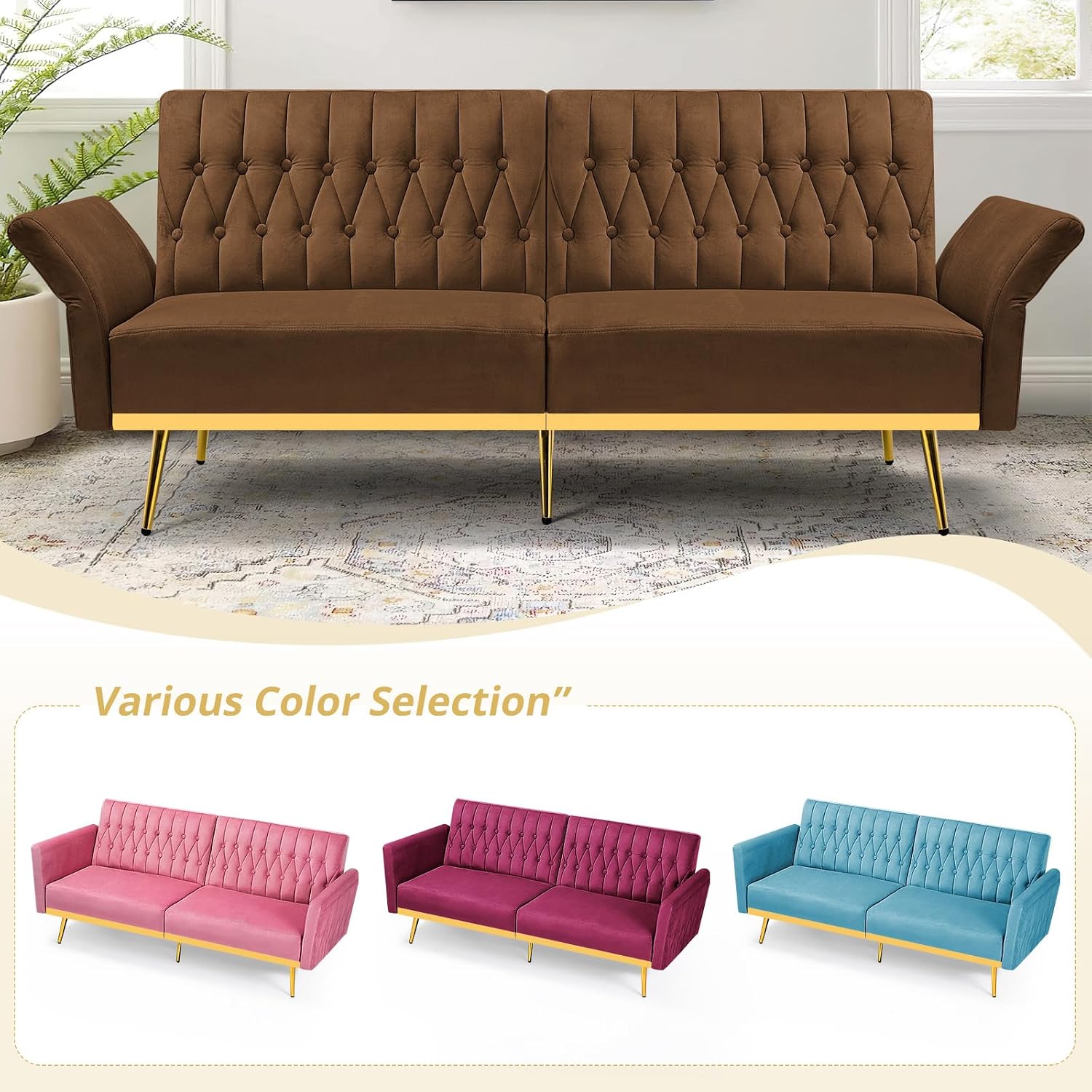 70' Velvet Futon Sofa Bed with 2 Pillows and Adjustable Armrests, Convertible Sleeper Bed W/Adjustable Backrests, Modern Loveseat for Living Room, Bedroom, Brown