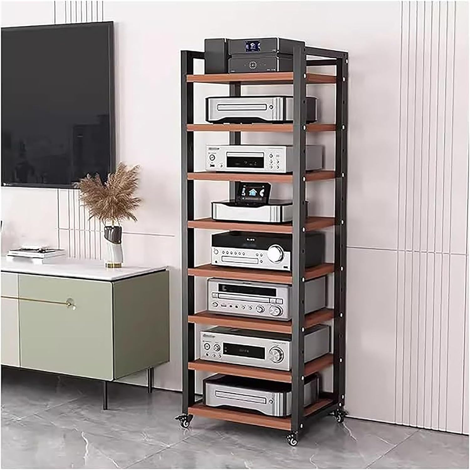 Audio Rack Av Tower Media Stand 5-tier Electronics Equipment Shelf, 6 7 8 Shelf Tall Rolling Stereo Cabinet Racks With Wheels & Height-Adjustable Shelf For Amplifiers/Players/TV, Black-c-8-Tiers