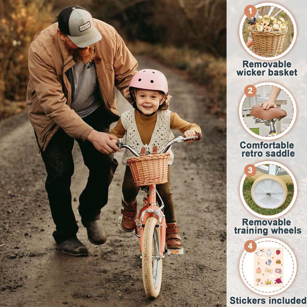 Petimini Vintage Kids Bike for Girls, 12–20 Inch Classic Bicycle with Wicker Basket & Bell, High Tensile Steel Frame, Training Wheels (12–18'), 85% Pre-Assembled, Retro Bike for Outdoor Riding