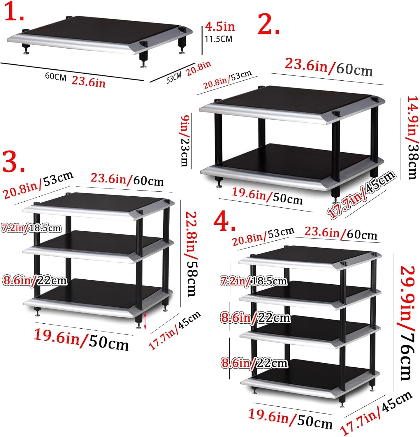Modern Audio Rack, AV Media Storage Cabinet, Shockproof Multi-Layer Aluminum TV Stand, Open Design Video Media Stand (23.6x4.5/60x11.5cm) for Home Entertainment
