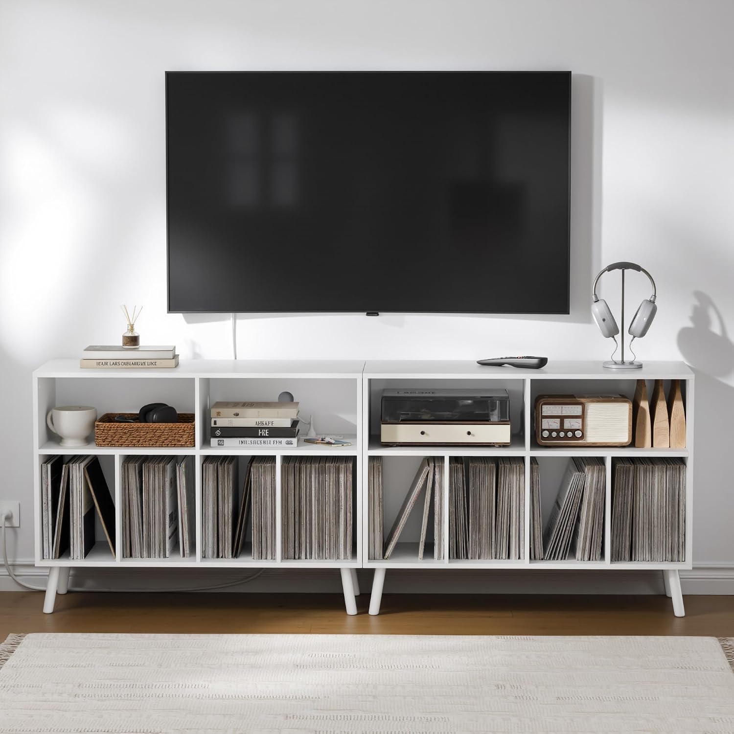 Cozy Castle Record Player Stand with Vinyl Storage Cabinet, Wood Turntable Table Open Shelf Holder Up to 350 Albums Cube Storage Organizer for Living Room, Office, White