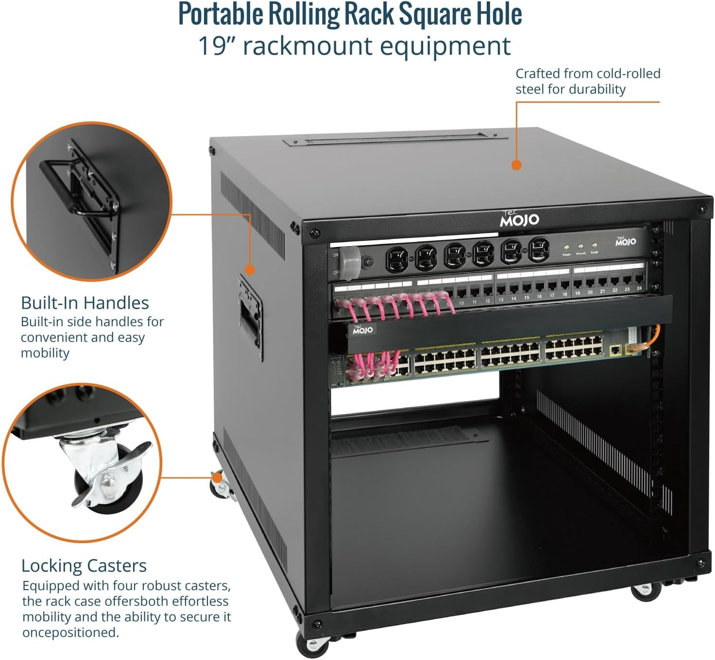 Tecmojo 9U Portable Rolling Network Rack, 4-Post Mobile Open Frame Server Rack with Wheels, Free Standing Server Cabinet for Computer/Data/AV/IT Equipment/Network Equipment