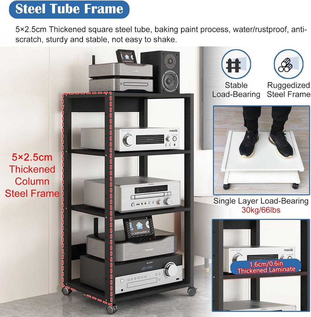 27in High Modern Record Player Stand, 4/3 Tier Mobile Audio AV Media Shelf Vertical Storage Cabinet for Office Home Classroom, Stereo Equipment Rack Adjustable(Light Wood,3 Tier)