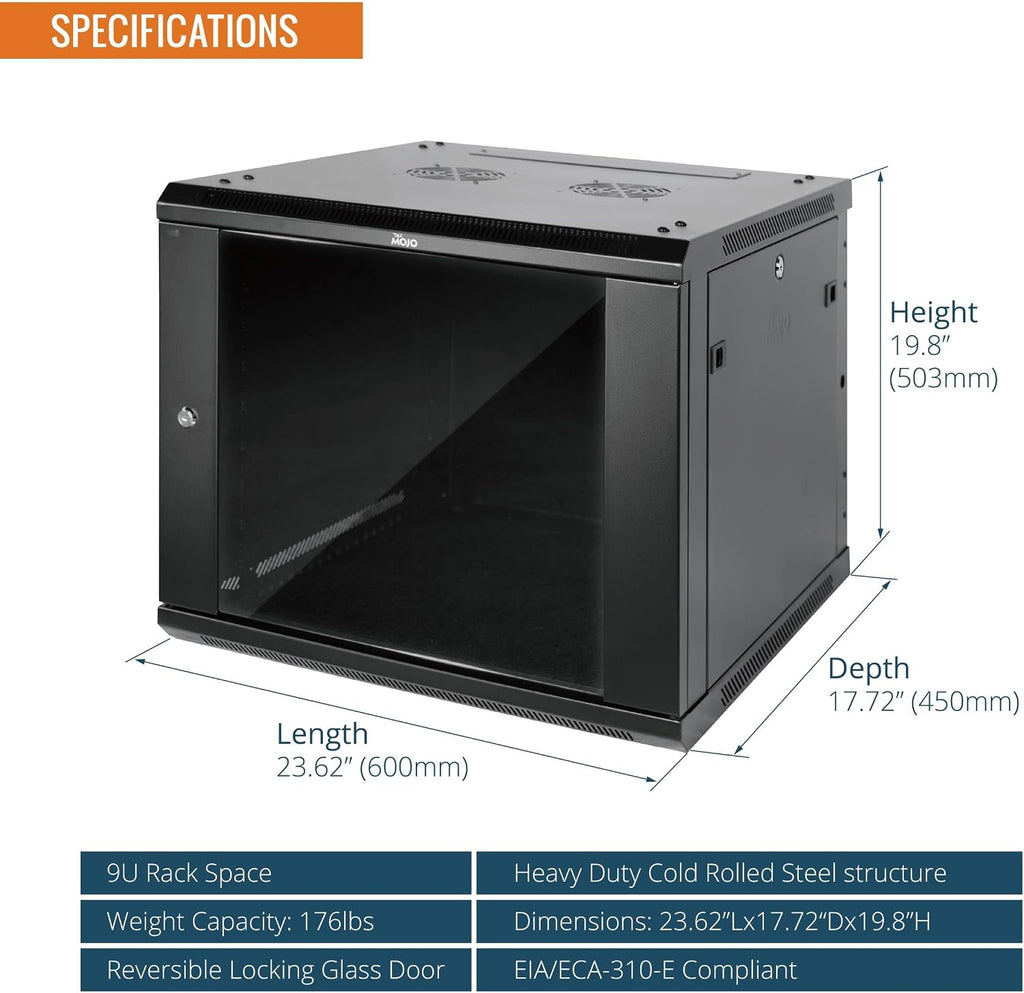 Tecmojo Elite Collection 9U Wall Mount Server Cabinet IT Network Rack Enclosure Lockable Glass Door and Side Panels, with 2 Cooling Fans,17.7inch Depth, Hold up to 176Lbs,Black