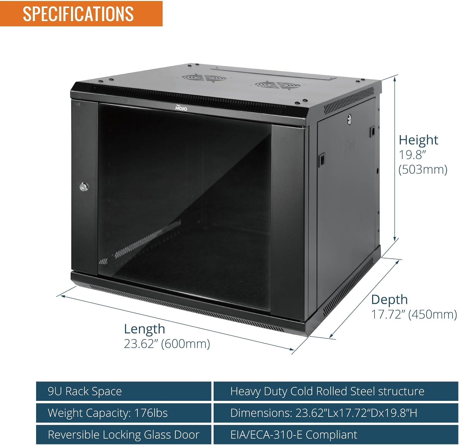 Tecmojo Elite Collection 9U Wall Mount Server Cabinet IT Network Rack Enclosure Lockable Glass Door and Side Panels, with 2 Cooling Fans,17.7inch Depth, Hold up to 176Lbs,Black