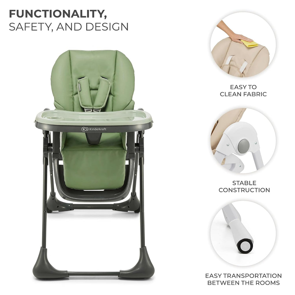Kinderkraft Tummie, 2-in-1 high Chair, Baby Chair, Ergonomic, Comfortable, Reclining, Foldable, with Ajustable Height, Footrest, Detachable Tray, for Toddler, with Toys, Green