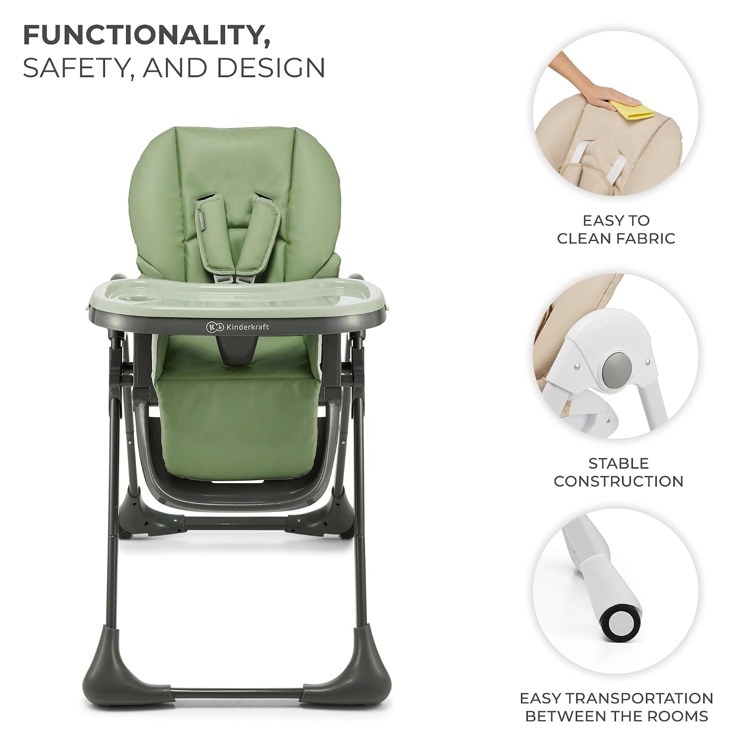 Kinderkraft Tummie, 2-in-1 high Chair, Baby Chair, Ergonomic, Comfortable, Reclining, Foldable, with Ajustable Height, Footrest, Detachable Tray, for Toddler, with Toys, Green