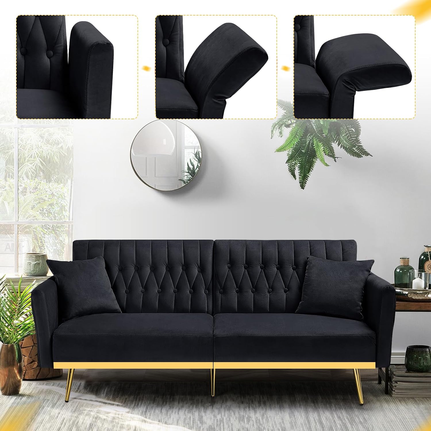 70' Velvet Futon Sofa Bed with 2 Pillows and Adjustable Armrests, Convertible Sleeper Bed W/Adjustable Backrests, Modern Loveseat for Living Room, Bedroom, Black