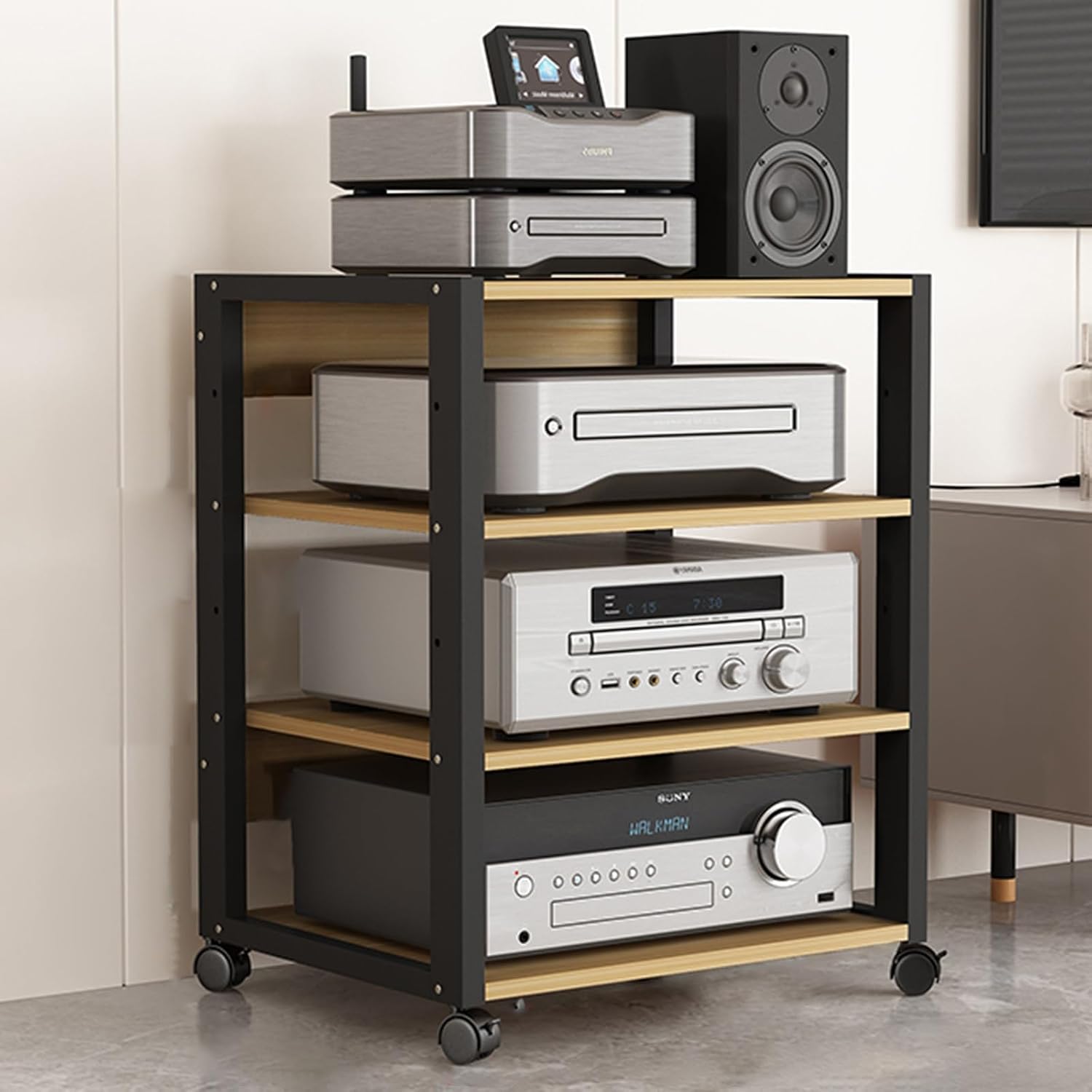 27' Modern Record Player Stand - 4-Tier Mobile Audio Shelf, Adjustable Vertical Storage Cabinet for Home, Office & Classroom, Stereo Equipment Rack (Light Wood)