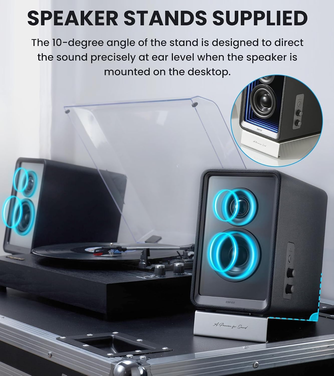 Edifier QR65 Desktop Active Monitor with 2.75' Long-Throw Aluminum Diaphragm mid-Low Drivers, Hi-Res Audio, Brilliant Light Effects, 70W Output Power Bluetooth Speakers with Stands - Black