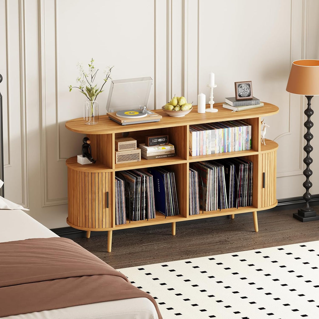 55.1' Wide Record Player Stand with Storage - Vinyl Record Storage Cabinet & Media Console Holds 300+ Records, Mid Century Modern Turntable Stand for Living Room (Natural, 55.1')