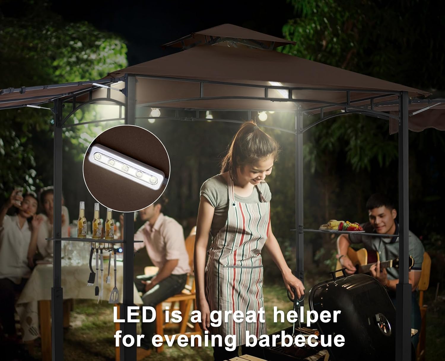ABCCANOPY Grill Gazebo with 2 Side Awnings - 14x5 Outdoor BBQ Canopy Shelter with 2 Led Lights for Patio Backyard Grilling (Brown)