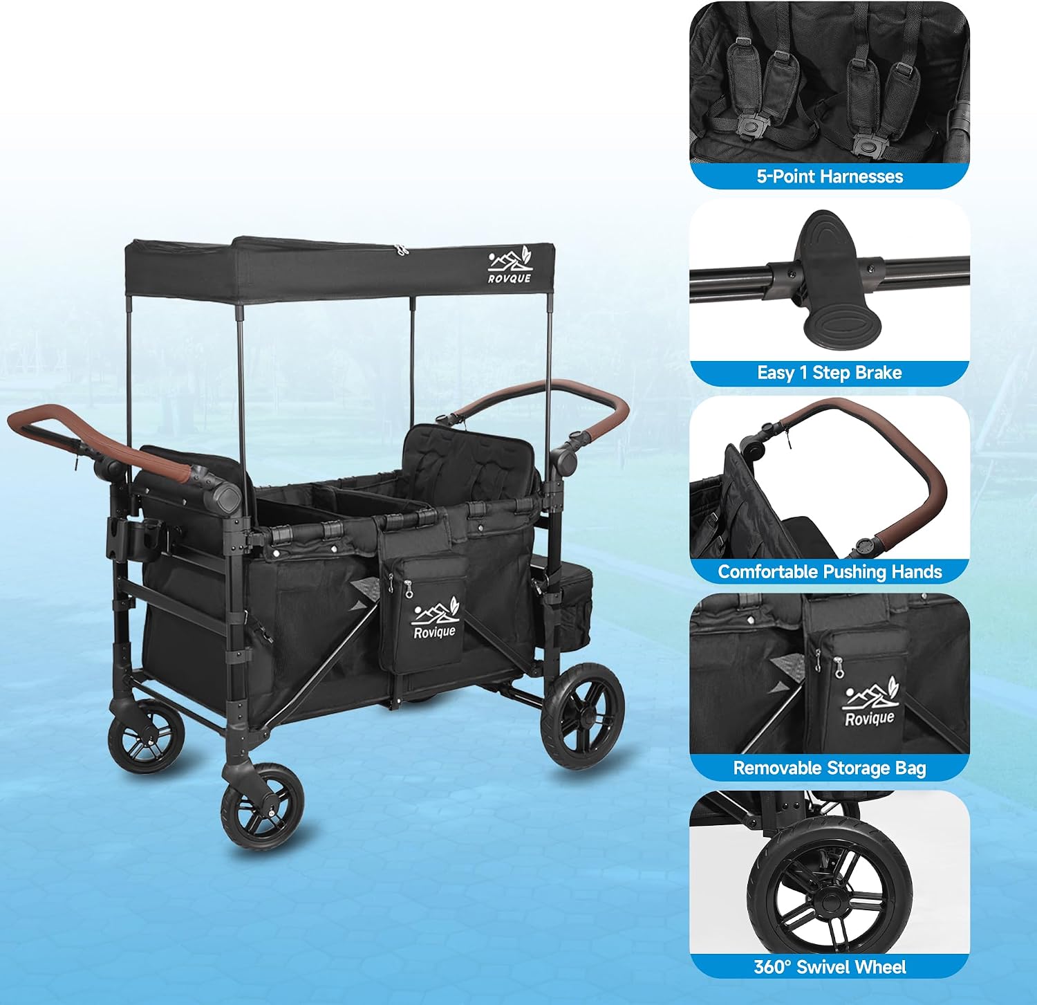 Rovique 4 Seater Wagon Stroller – Deluxe Quad Wagon for 4 Kids with Snack Trays,All-Terrain Wheels,Push Handle, Canopy,Aluminum Frame – Gift for Baby Showers,New Parents,Birthdays