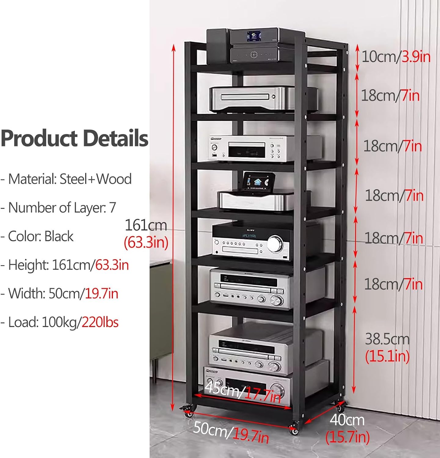 Stereo Rack System Cabinet - Height Adjustable with Rolling Wheels for Audio Equipment Storage in Home or Office