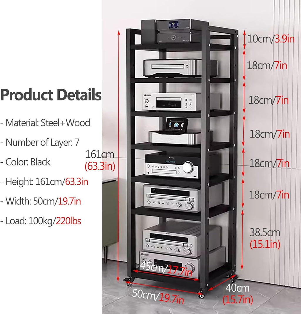 Audio Rack Av Tower Media Stand 5-tier Electronics Equipment Shelf, 6 7 8 Shelf Tall Rolling Stereo Cabinet Racks With Wheels & Height-Adjustable Shelf For Amplifiers/Players/TV, Black-b-7-Tiers