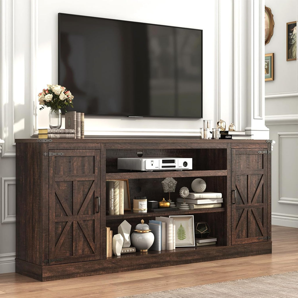 Hlivelood 75' Farmhouse TV Stand with Power Outlets for 85 Inch TVs, 33' Tall Entertainment Center with Storage Cabinets w/Adjustable Shelves, Rustic Large TV Media Console, Brown