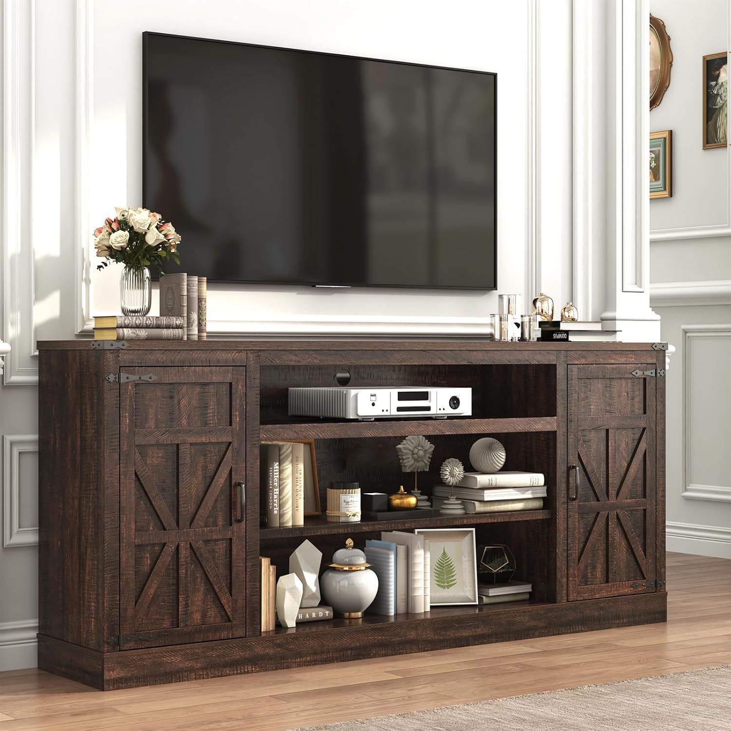 Hlivelood 75' Farmhouse TV Stand with Power Outlets for 85 Inch TVs, 33' Tall Entertainment Center with Storage Cabinets w/Adjustable Shelves, Rustic Large TV Media Console, Brown
