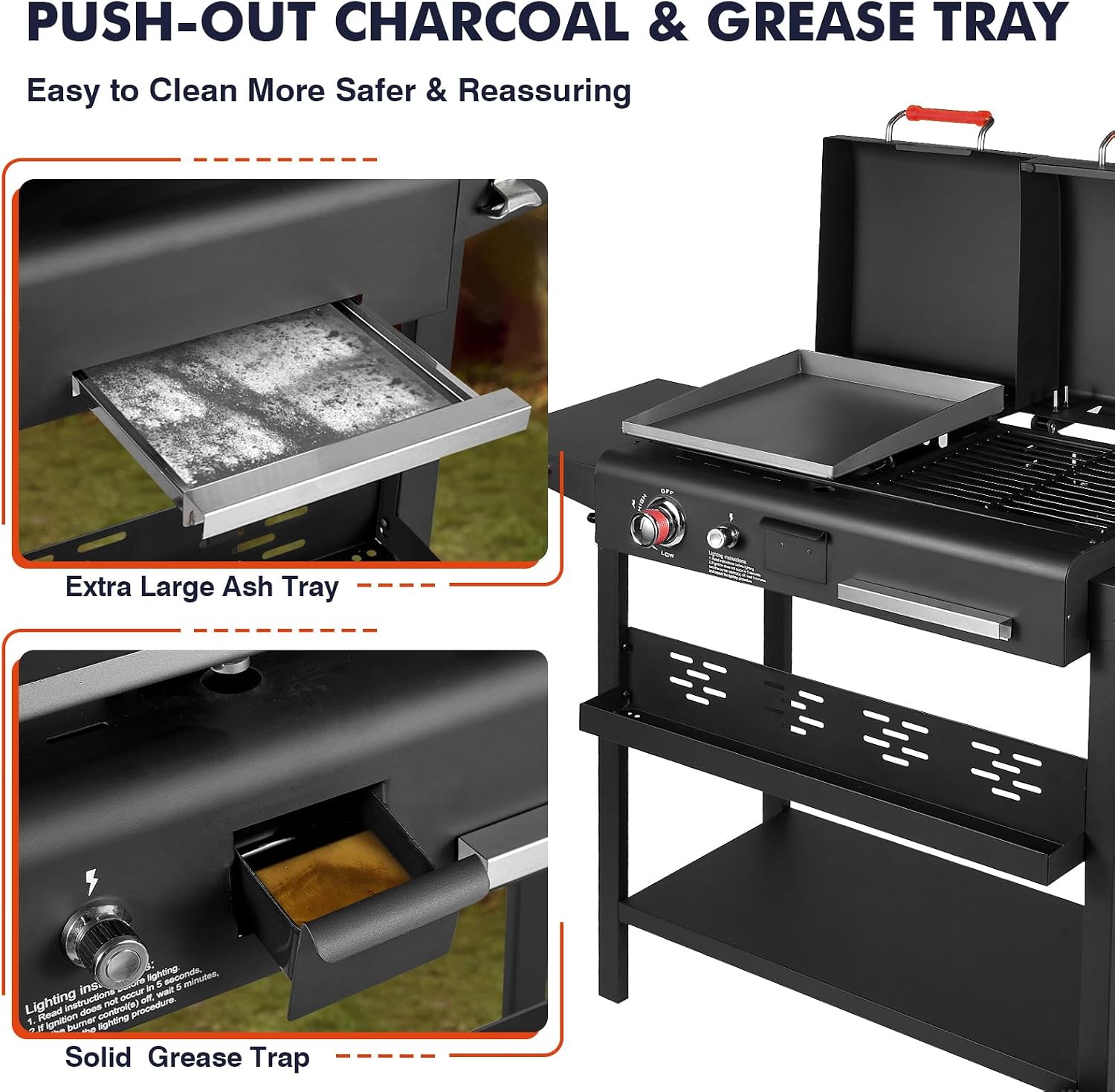 Propane and Charcoal Grill Combo, Gas Griddle Grill Combo Two Fuel BBQ Grills with Long Silicone Non-Slip Grill Gloves, Dual Fuel Lids and Side Shelves