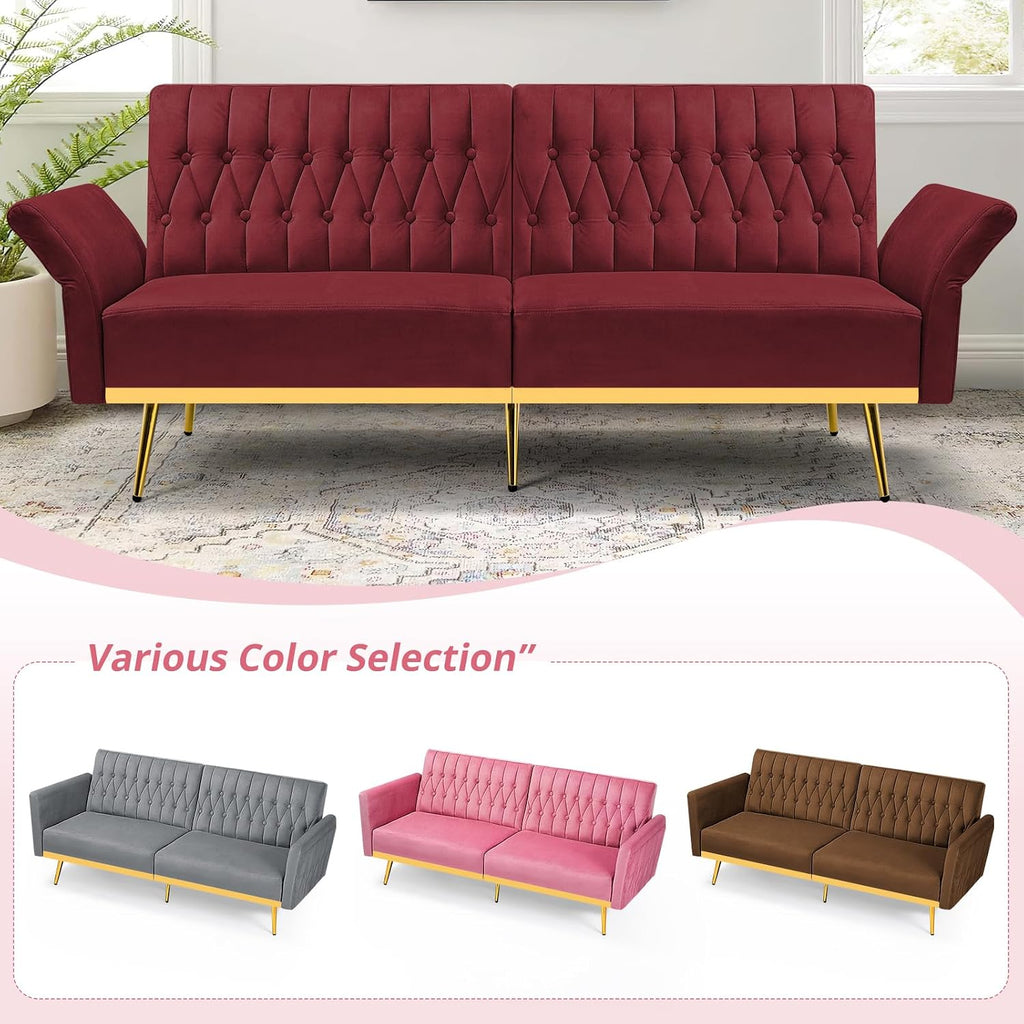 70' Velvet Futon Sofa Bed with 2 Pillows and Adjustable Armrests, Convertible Sleeper Bed W/Adjustable Backrests, Modern Loveseat for Living Room, Bedroom, Red
