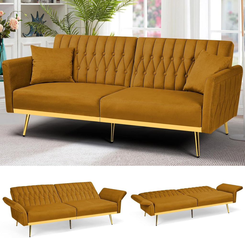70' Velvet Futon Sofa Bed with 2 Pillows and Adjustable Armrests, Convertible Sleeper Bed W/Adjustable Backrests, Modern Loveseat for Living Room, Bedroom, Ginger