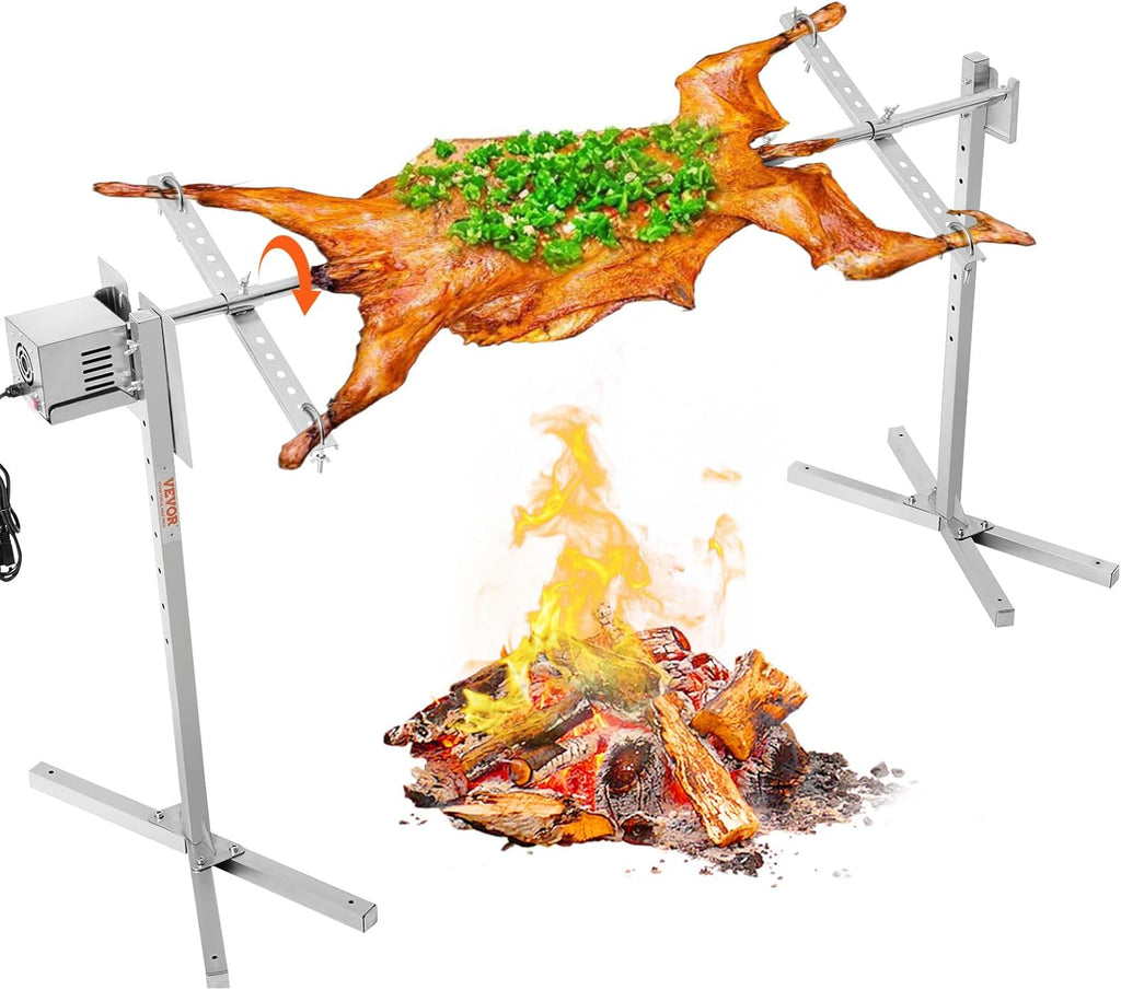 VEVOR Electric BBQ Rotisserie Grill Kit, 56 Inch 130 lbs Capacity, Automatic 52W Motor Height Adjustable Universal Roaster Stand, Stainless Steel Grilling Kit, Spit Rod with Heat Shield for Pig Lamb