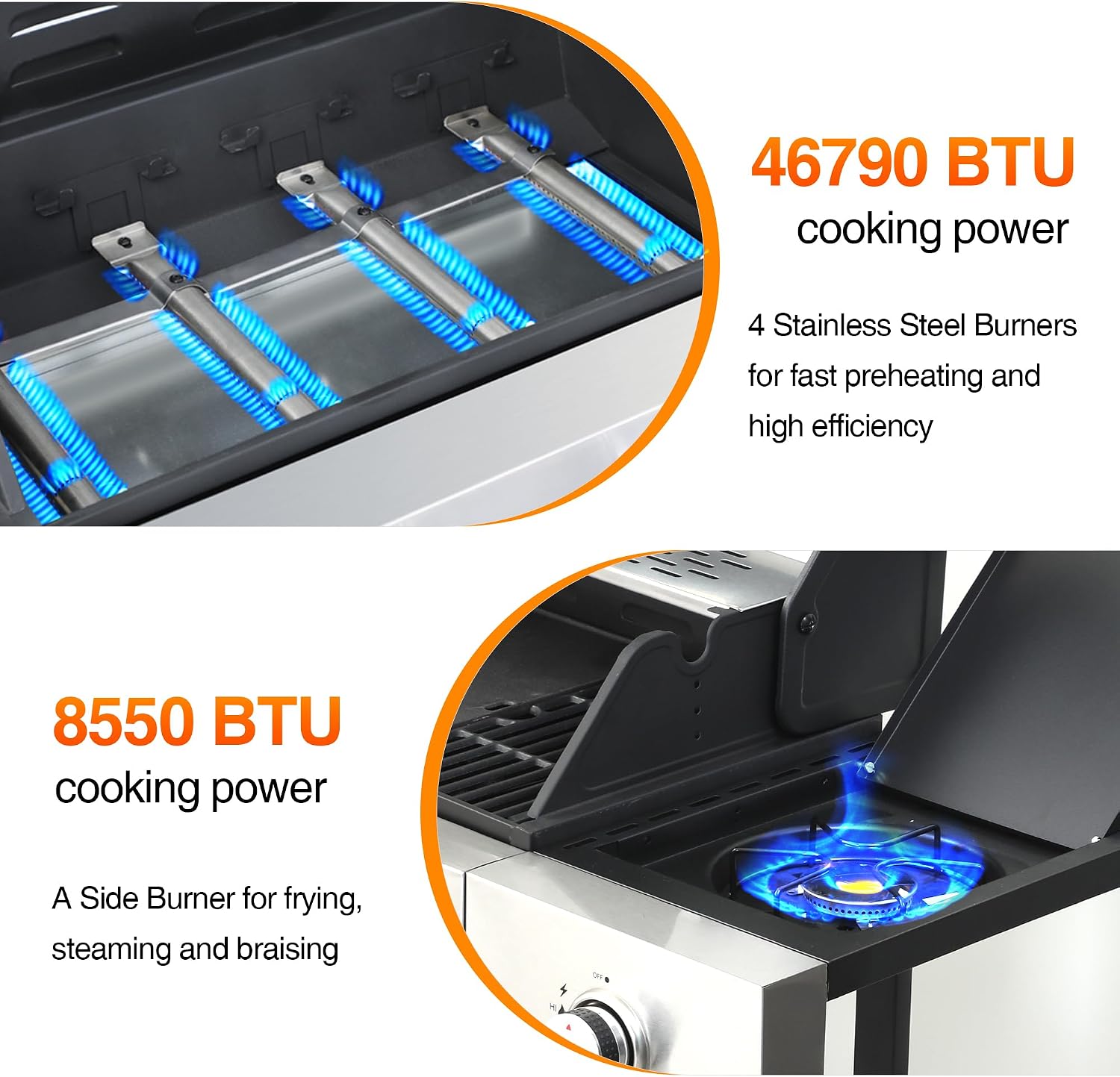 Propane Gas Grill 4 Burner, 49,000 BTU Outdoor BBQ Grill with Side Burner, Porcelain Cast Iron Grates & Stainless Steel, Fast Heating for Backyard, Camping, Tailgating