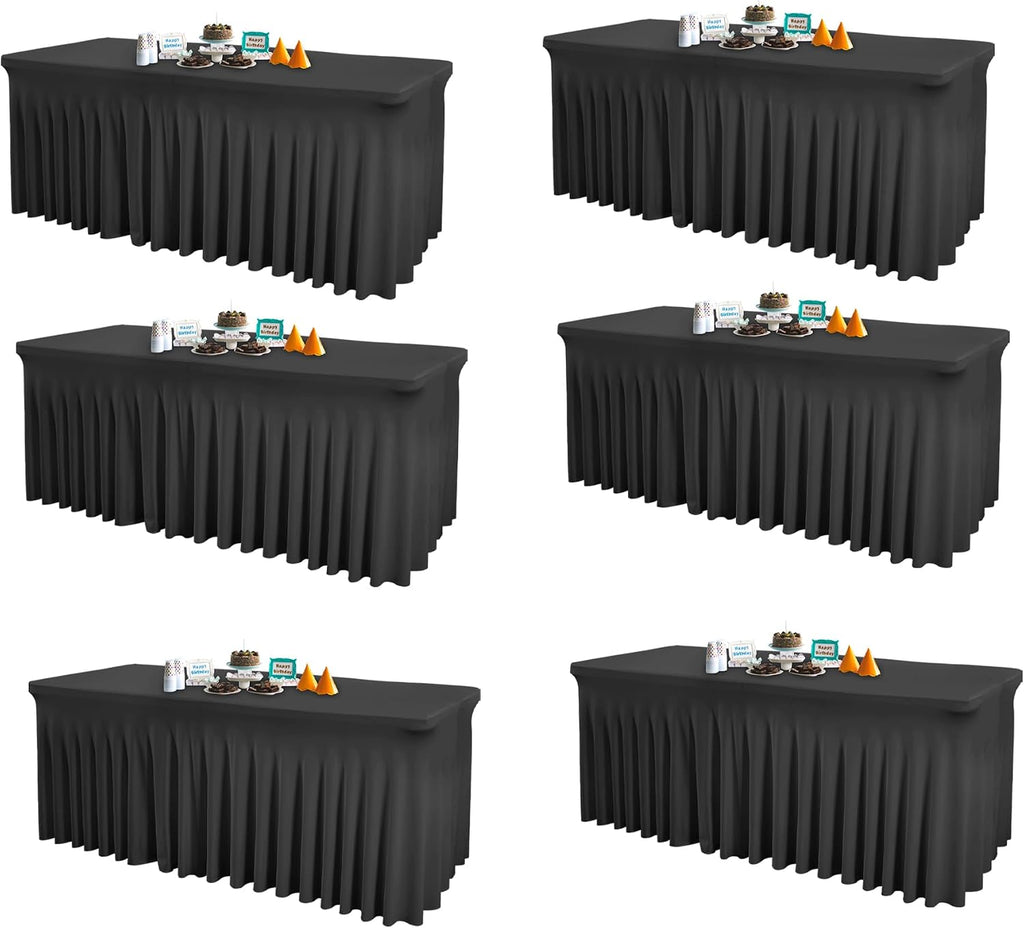 Shillance 6 Packs Black Spandex Table Covers 6 Foot, Fitted Stretch Table Cloth with Skirts 96x30 Inch, Wrinkle-Free Floor Length Rectangle Tablecloths for Trade Show Weddings Parties Banquets Events
