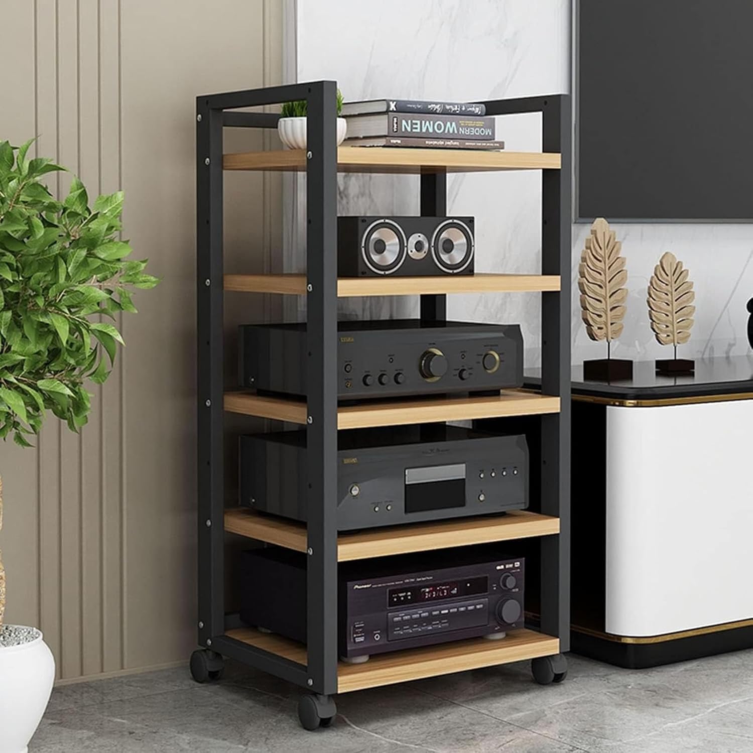 HOFSSI 5 Tier Furniture Media Stand DVD CD Player Stand Audio Rack Power Amplifier Equipment Cabinet Floorstanding Storage Shelves，Height Adjustable (Color : C)