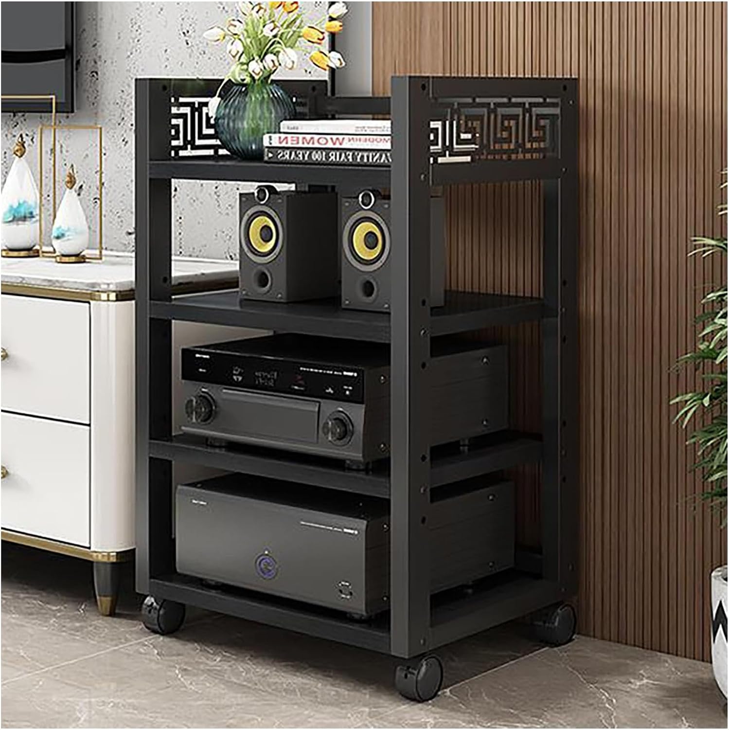 Modern AV Media Stand - Open Stereo Rack Storage Cabinet, Corner Shelf, Audio-Video Shelving Unit for Recording Room, Office, Home Theater (Black, 34.6 in)