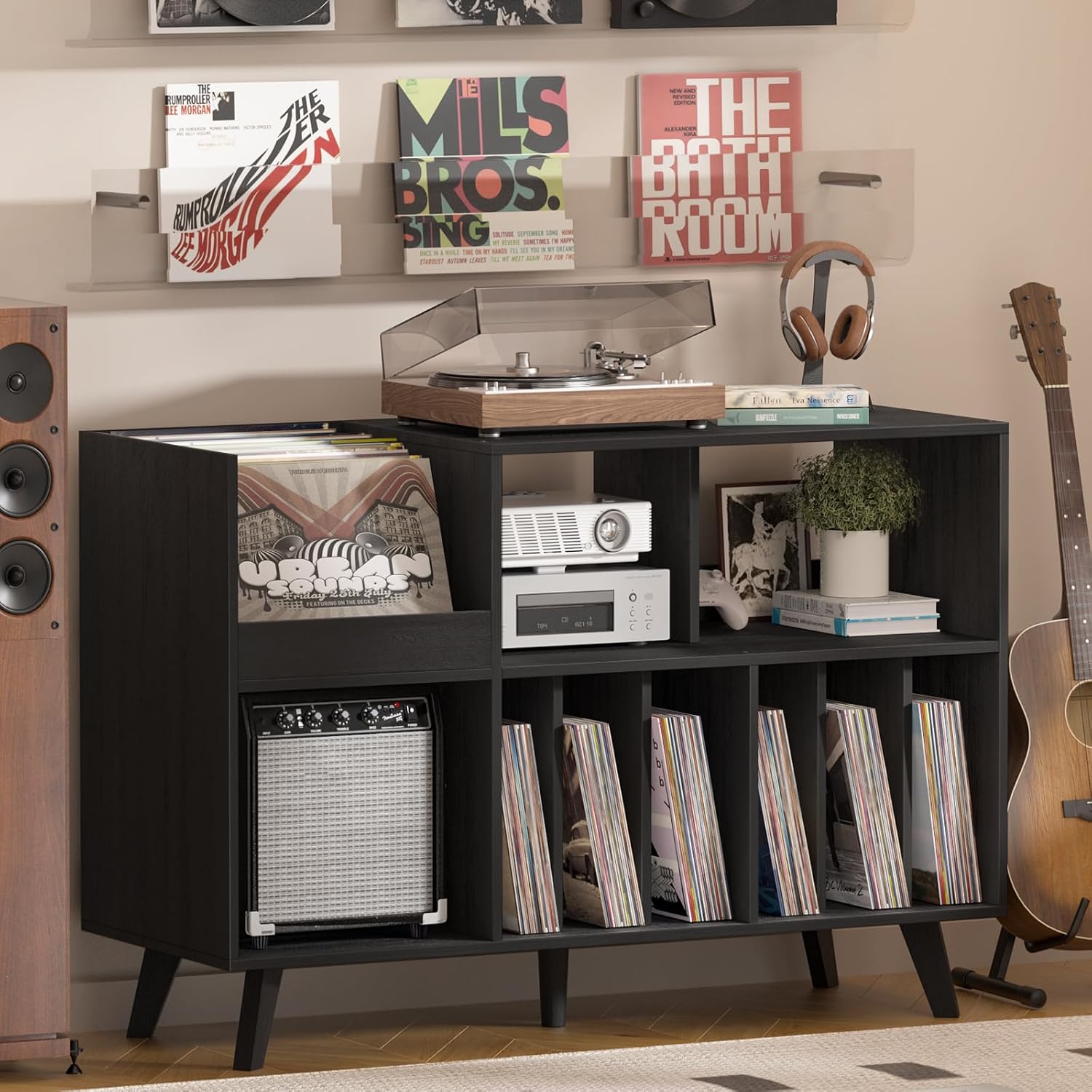 LELELINKY Large Record Player Stand, 48''Turntable Stand with Storage, Vinyl Record Holder with Display Area, Record Player Table Holds Up to 450 Albums, Record Stand for Music Room Living Room