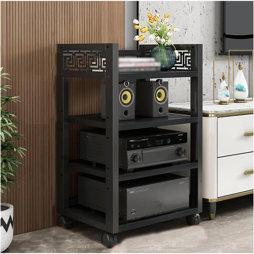 4 Tier Furniture Media Rack DVD CD Player Stand Audio Rack Power Amplifier Equipment Cabinet with Height Adjustable Wooden Shelves Floor Standing Storage Rack(Color-1)