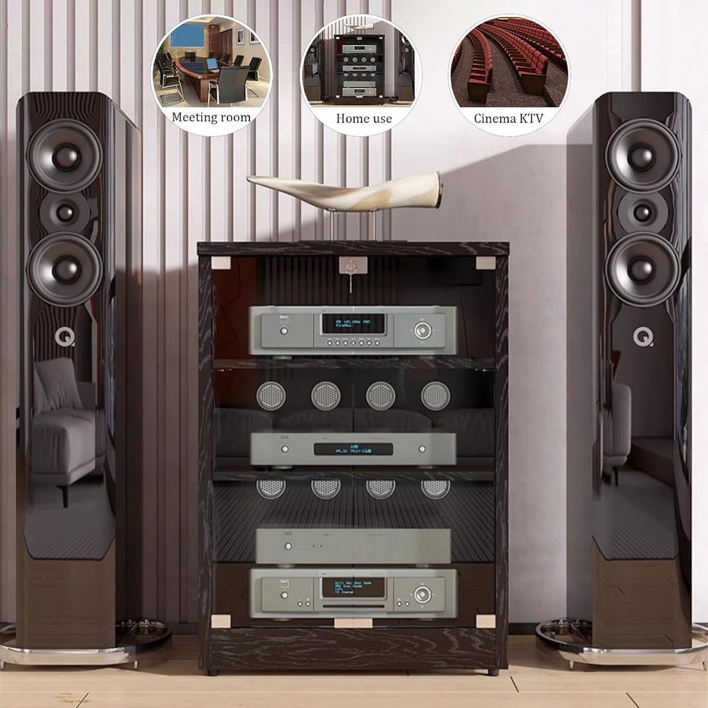 Modern Stereo Cabinet, 2-Tier Media Stand with Glass Doors, Adjustable Shelves, Cable Management, AV Storage Unit for TV & Audio Equipment (Black, 120x48x37cm)