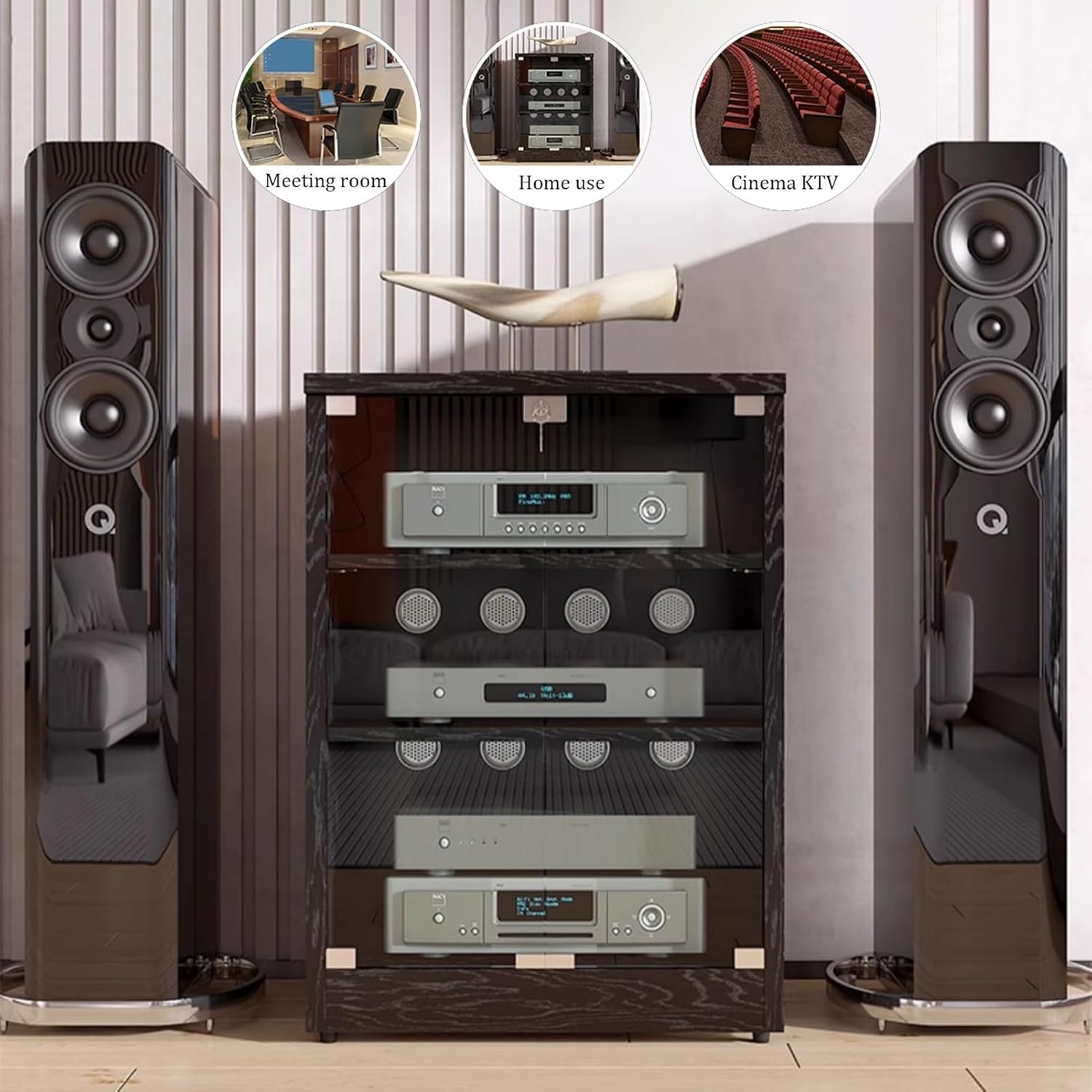 Modern Stereo Cabinet, 2-Tier Media Stand with Glass Doors, Adjustable Shelves, Cable Management, AV Storage Unit for TV & Audio Equipment (Black, 120x48x37cm)