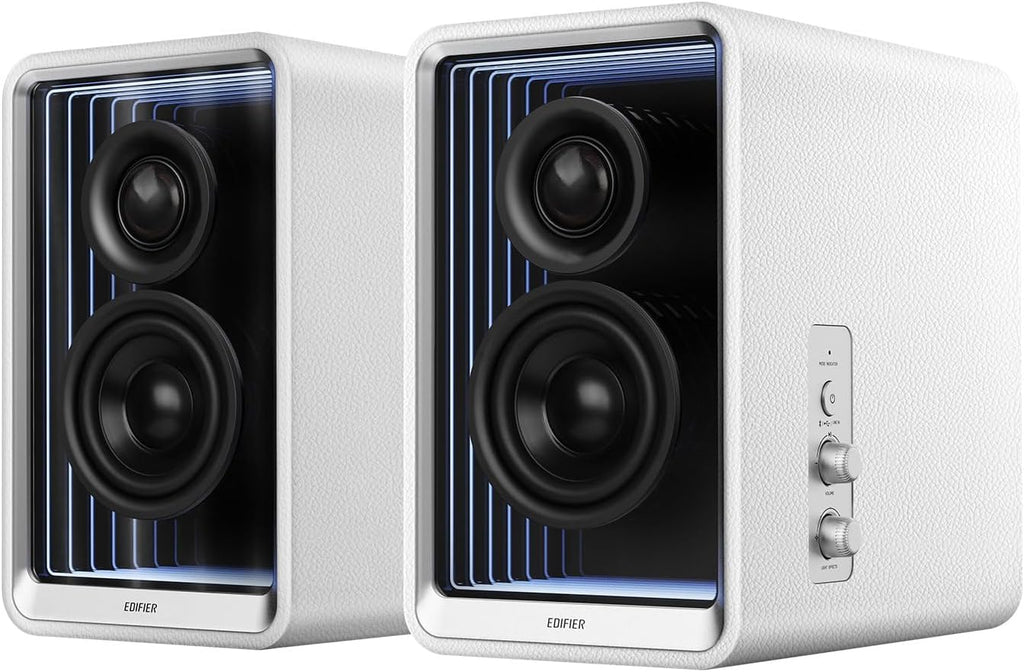 Edifier QR65 Desktop Active Monitor with 2.75' Long-Throw Aluminum Diaphragm mid-Low Drivers, Hi-Res Audio, Brilliant Light Effects, 70W Output Power Bluetooth Speakers with Stands - White