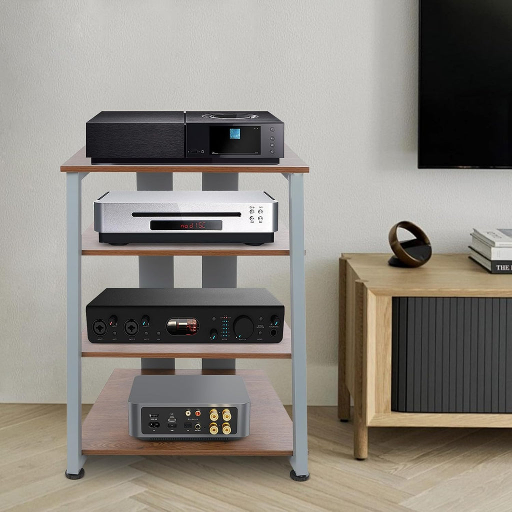 4-Tier AV Media Stand, Corner Shelf Stereo Audio Rack Stand with Adjustable Shelves, 110 lbs Total Capacity, Perfect for Home Theaters, Studios (Brown+Gray)