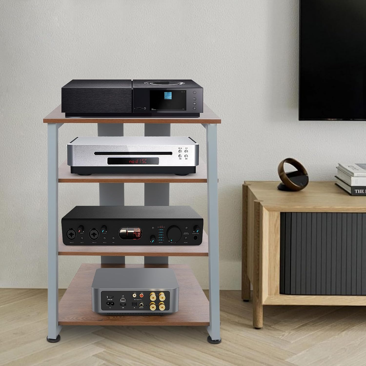 4-Tier AV Media Stand, Corner Shelf Stereo Audio Rack Stand with Adjustable Shelves, 110 lbs Total Capacity, Perfect for Home Theaters, Studios (Brown+Gray)