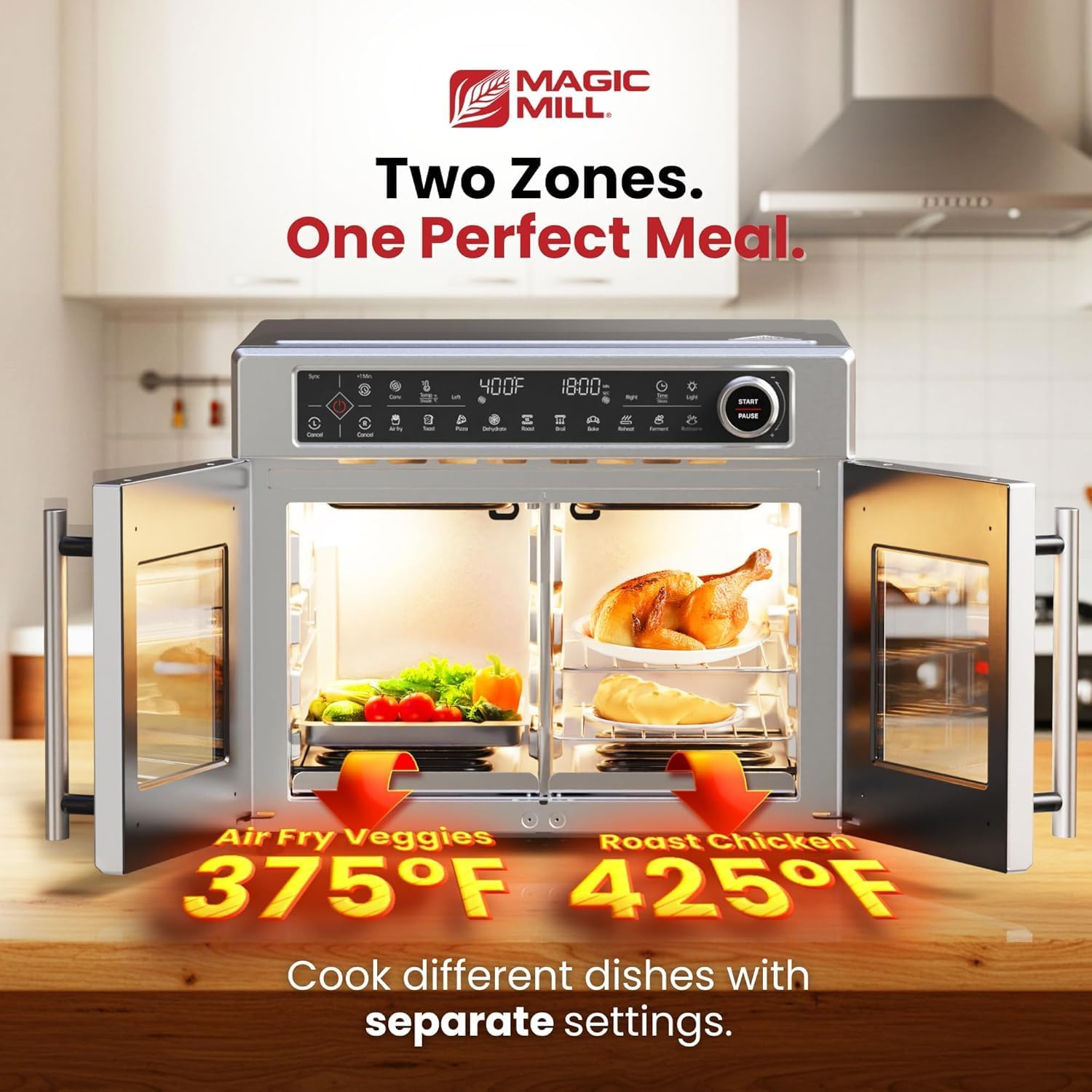 Magic Mill Ultra-Premium Air Fryer Toaster Oven Combo With Independent Dual-Zone Technology, Extra Large 32QT French Door Stainless Steel Convection Oven, Next-Gen Patent Technology, 13 accessories