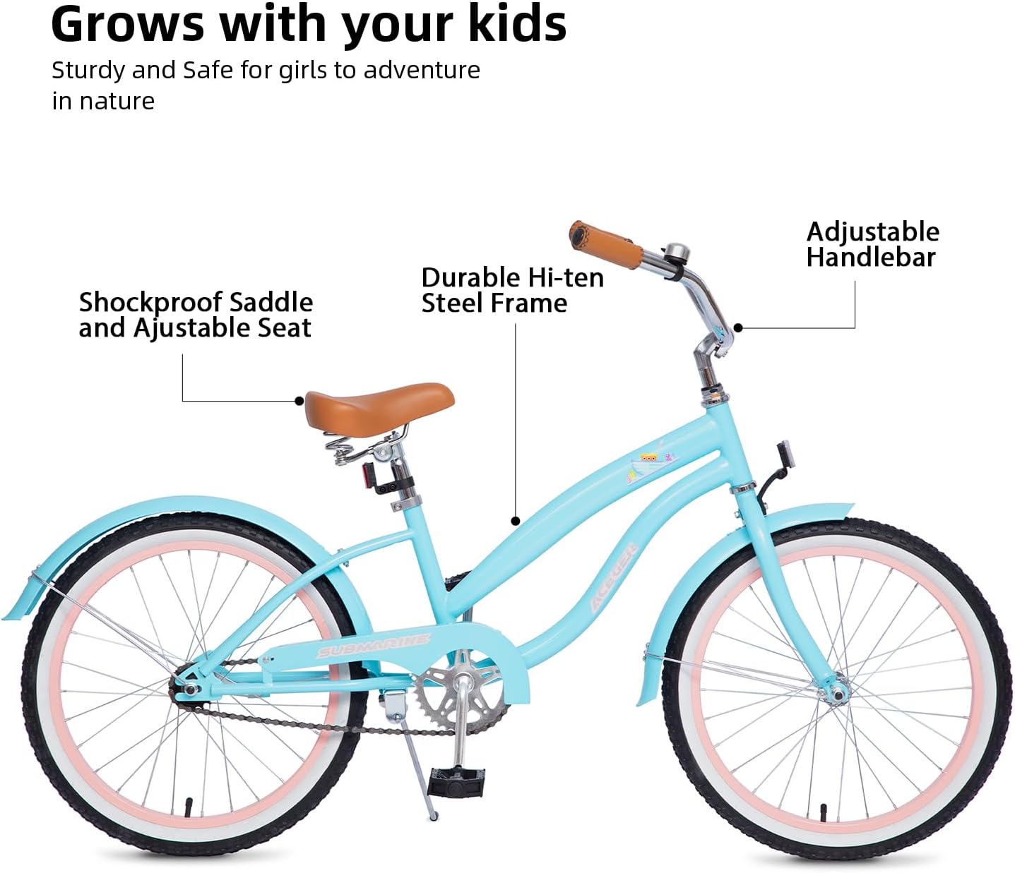 ACEGER Girls Beach Cruiser Bike for Kids 5-13 Years Old, 16' 18' 20' 24' Single Speed Kids Bicycle Included Coaster Brake, Front and Rear Reflectors, 24' 7 Speeds with Dual Brakes