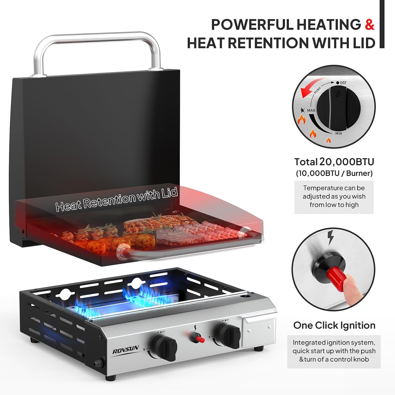 ROVSUN 2 Burner Portable Propane Griddle with Enameled Tray & Lid, 20000 BTU Rolling Flat Top Gas Grill with Electronic Ignition, Side Shelves & Regulator for Outdoor Cooking Camping BBQ Tailgating