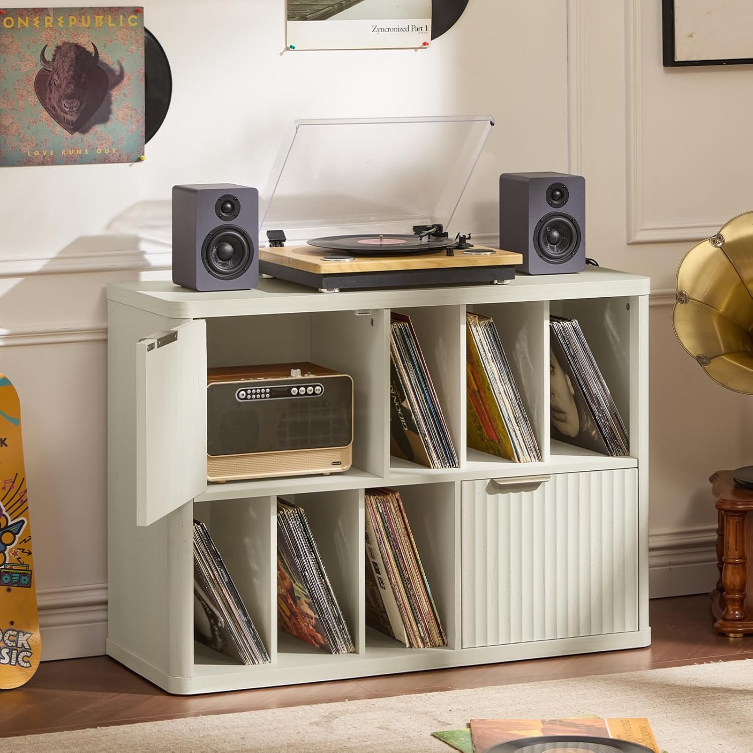 LEYAOYAO Large Record Player Stand with Vinyl Storage Up to 450 Albums, Wood Fluted Record Storage Accent Cabinet, Modern Stereo Media Cabinets, Wide Turntable Stand for Living Room, Antique White