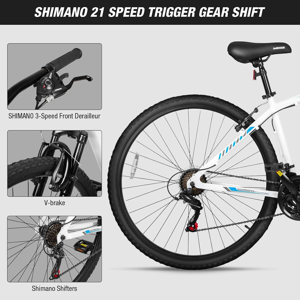 WEIZE Hardtail Mountain Bike, 29 Inch Wheels Outdoor Cycling Bike, 21-Speed Trigger Shifter, Aluminum Frame for Women and Men, Comfort Saddle, MTB Bicycle with Suspension Fork