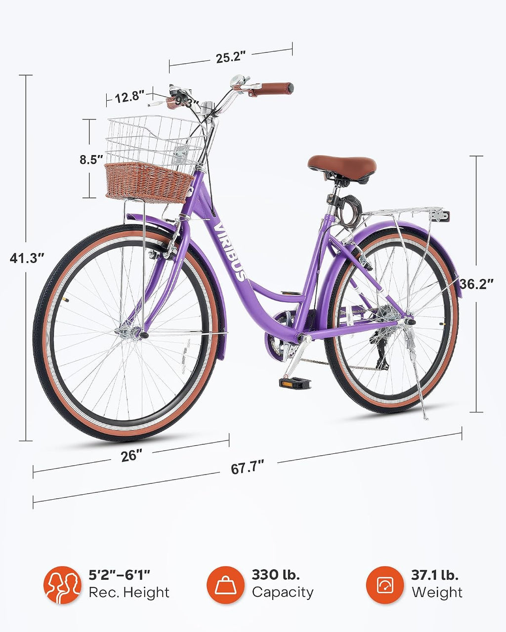 VIRIBUS Womens Cruiser Bike, 7 Speed Beach Cruiser Bike for Women, 26 inch Women Bicycle with Rattan Basket, City Commuter Vintage Retro Step Through Bicycle for Female Ladies Seniors, 330 Lb.