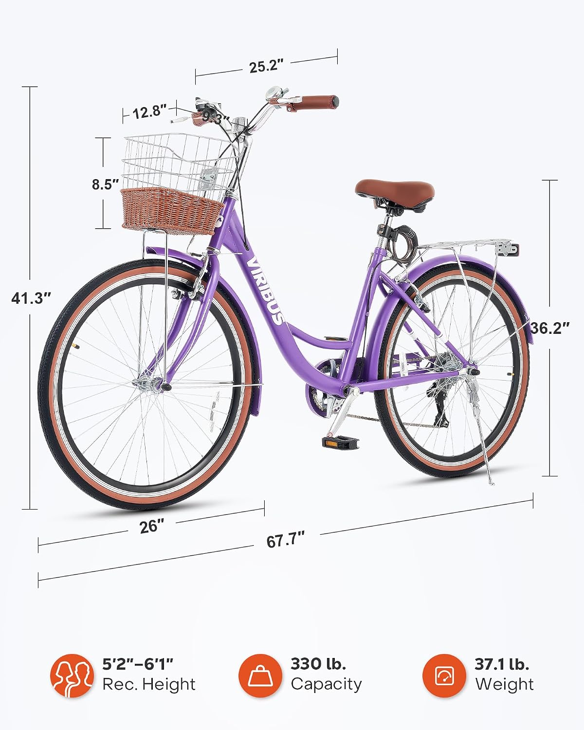VIRIBUS Womens Cruiser Bike, 7 Speed Beach Cruiser Bike for Women, 26 inch Women Bicycle with Rattan Basket, City Commuter Vintage Retro Step Through Bicycle for Female Ladies Seniors, 330 Lb.