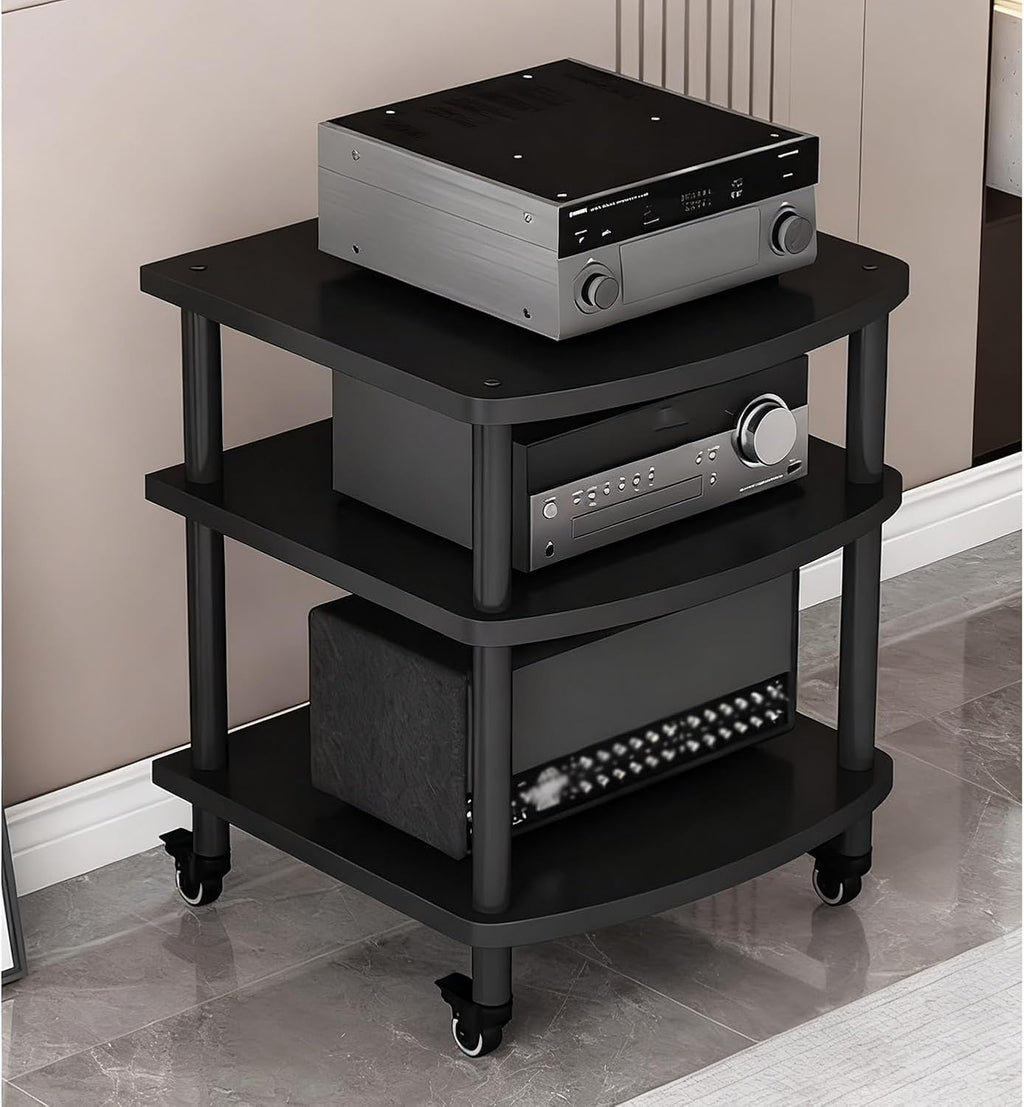 3-Tier Audio-Video Media Stand with Wheels, Home Stereo Entertainment Equipment Storage Cabinet for Meeting, Living, Recording Room(Black)